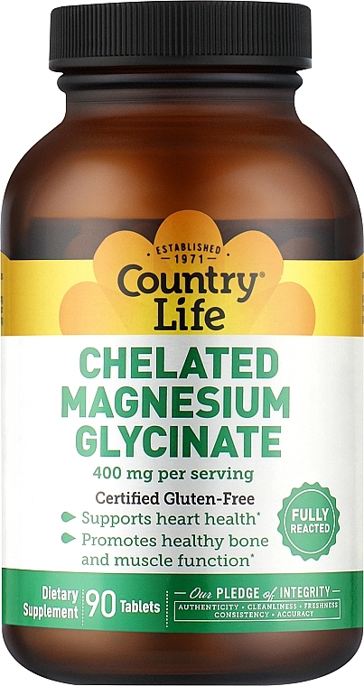 Suplement diety Glicynian magnezu, 400 mg - Country Life Chelated Magnesium Glycinate — Zdjęcie N1