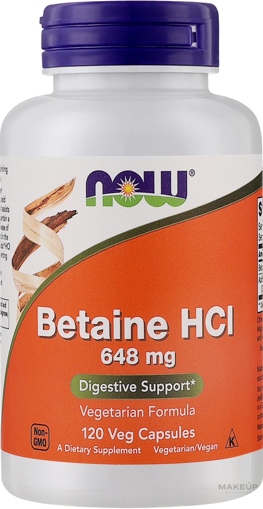 Kapsułki wegetariańskie na prawidłowe trawienie Betaina 648 mg + pepsyna - Now Foods Betaine HCl — Zdjęcie 120 szt.