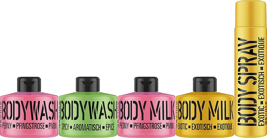 Zestaw Różowa piwonia, egzotyczna żółta i pikantna limonka - Mades Cosmetics Beauty Booster (sh/gel/2x100ml + b/ilk/2x100ml + b/spray/100ml) — Zdjęcie N2