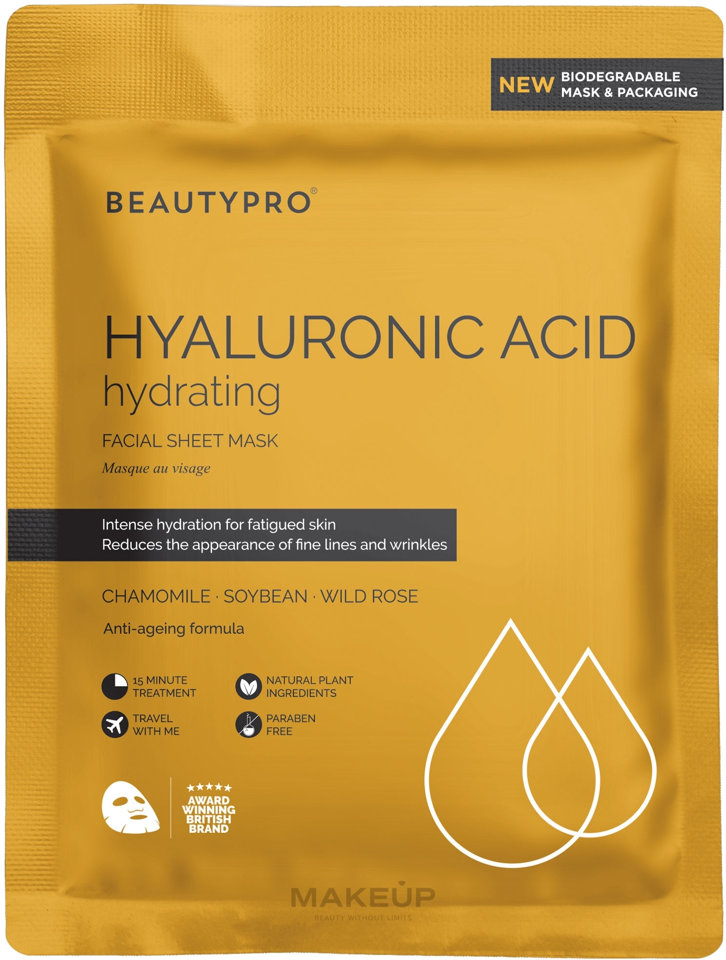 Foliowa maska do twarzy z kwasem hialuronowym - BeautyPro Hyaluronic Acid Gold Foil Mask — Zdjęcie 22 ml