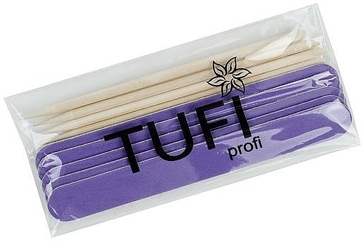 Zestaw jednorazowy, pilnik 180/240 fioletowy, pałeczki pomarańczowe, 5 szt. - Tufi Profi Premium — Zdjęcie N2