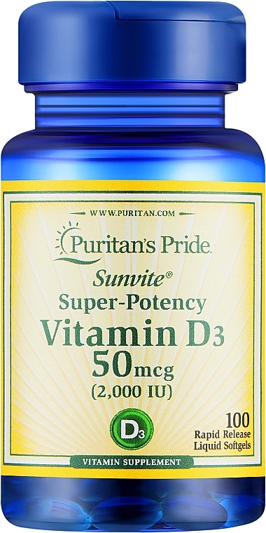 Suplement diety Witamina D3, 50 mcg - Puritan's Pride Vitamin D3 — Zdjęcie N1