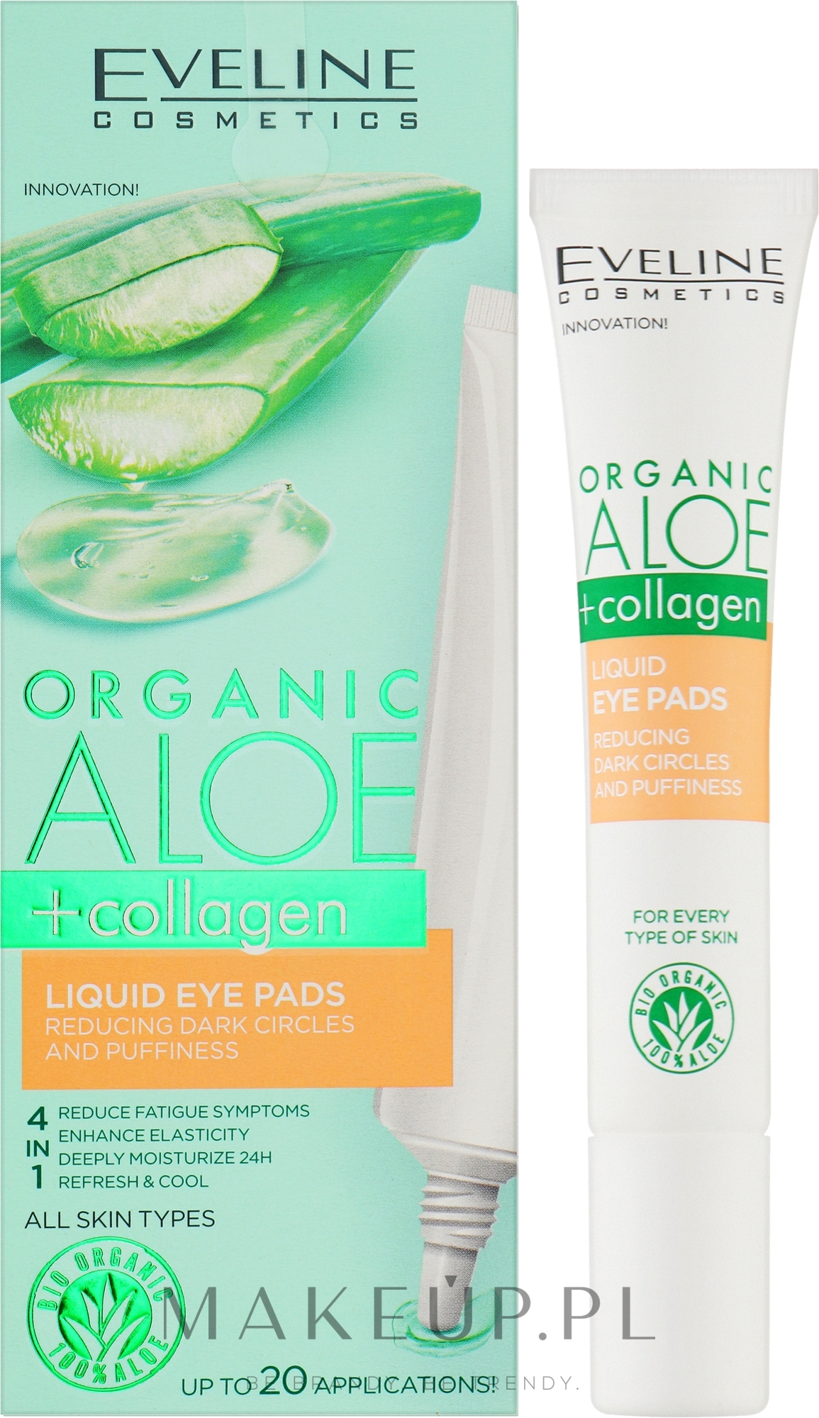 Płynne płatki pod oczy redukujące cienie i obrzęk - Eveline Cosmetics Organic Aloe + Collagen — Zdjęcie 20 ml