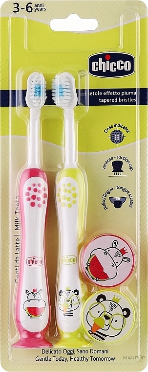 Zestaw szczoteczek do zębów z przyssawką, 3-6 lat, różowa-żółta - Chicco Milk Teeth (toothbrush/2pcs)  — Zdjęcie N1