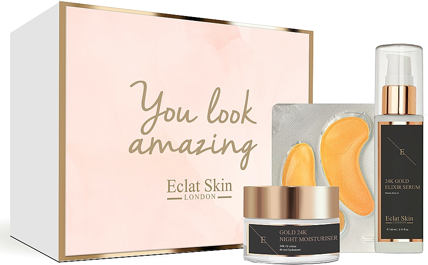 Zestaw - Eclat Skin London 24K Gold Anti-Wrinkle Retinol Skincare Set (n/cr/50ml + ser/60ml + eye/pads/10pcs) — Zdjęcie N1