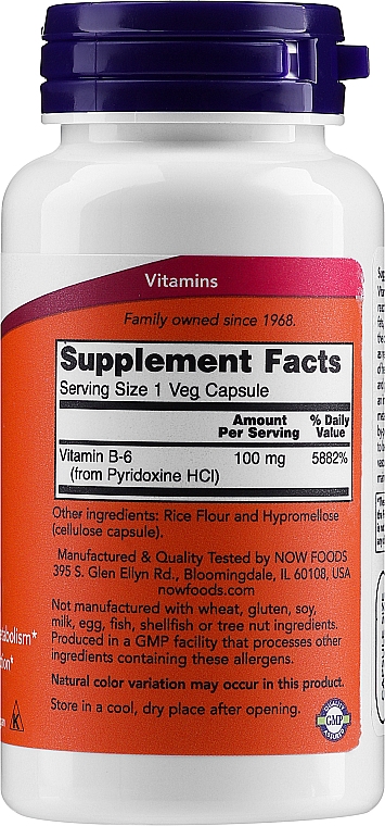 Witamina B6, 100 mg, w kapsułkach - Now Foods Vitamin B6 — Zdjęcie N2