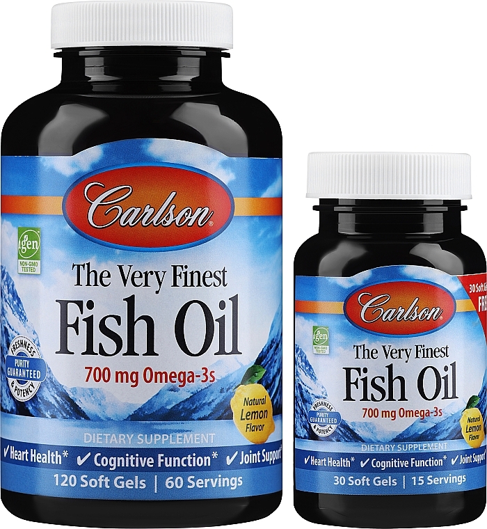 Zestaw olej rybny o zapachu cytryny - Carlson Labs The Very Finest Fish Oil (cap/120szt + cap/30szt) — Zdjęcie N1
