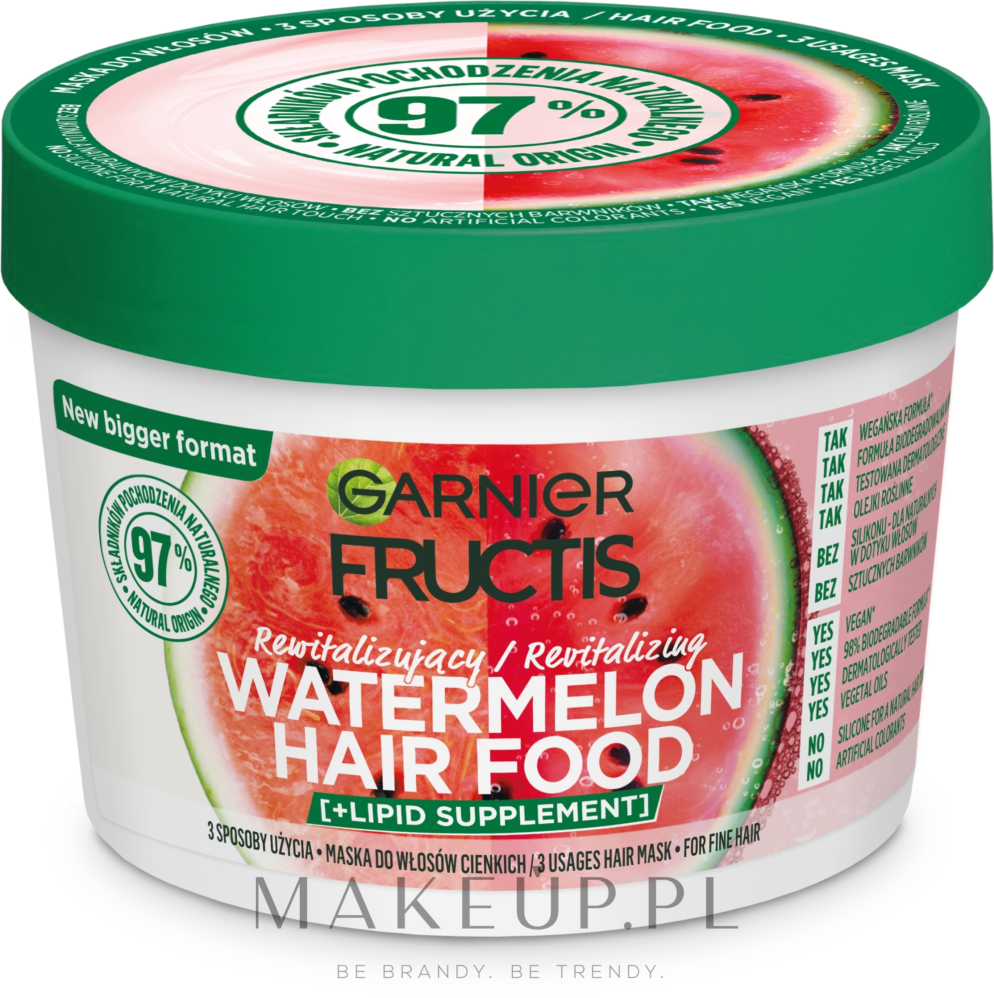 Rewitalizująca maska do włosów cienkich - Garnier Fructis Watermelon Hair Food — Zdjęcie 400 ml