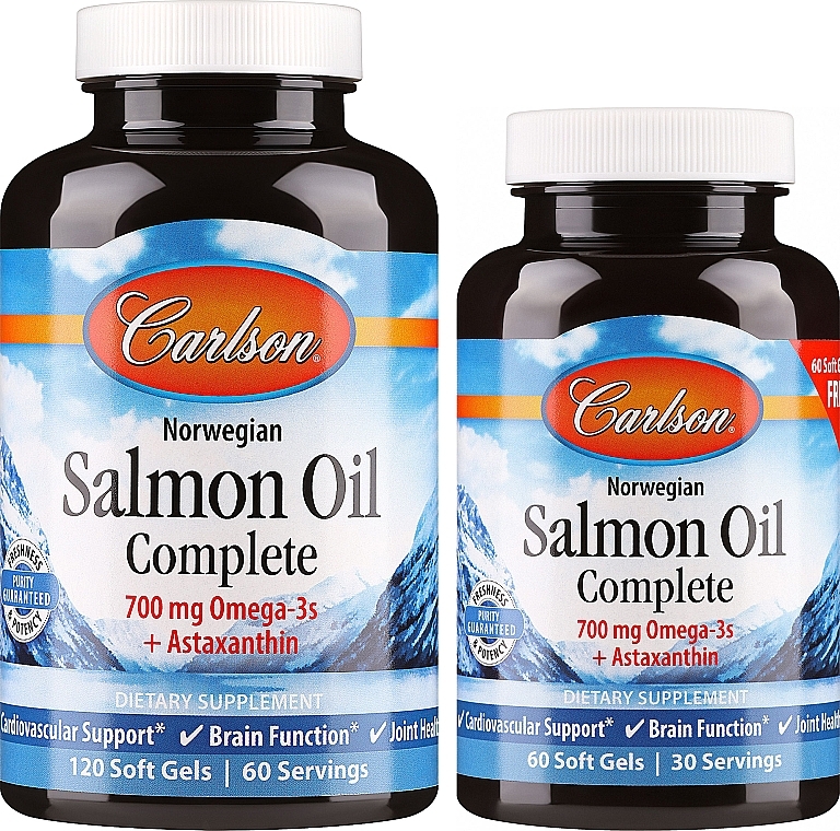 Zestaw olej z łososia - Carlson Labs Norwegian Salmon Oil Complete (capsule/120szt + capsule/60szt) — Zdjęcie N1