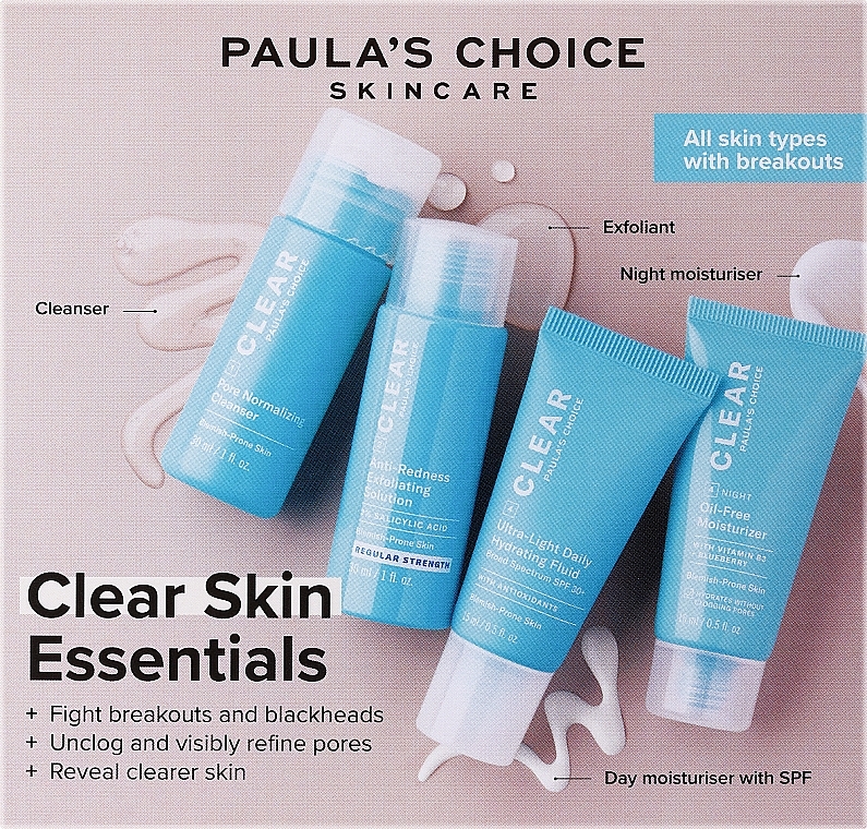 Zestaw - Paula's Choice Clear Skin Essentials Kit (f/gel/30ml + f/peel/30ml + f/fluid/15ml + f/cr/15ml) — Zdjęcie N1