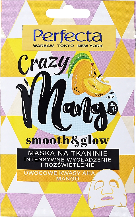 Wygładzająca maseczka rozświetlająca w płachcie do twarzy Kwasy AHA i mango - Perfecta Crazy Mango Smooth & Glow — Zdjęcie N1
