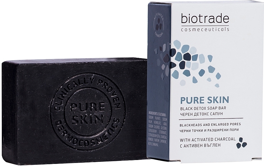 Mydło detoksykujące do twarzy i ciała przeciw zaskórnikom i rozszerzonym porom - Biotrade Pure Skin Black Detox Soap Bar