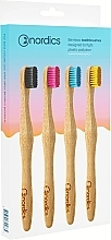 Bambusowe szczoteczki do zębów, 4 sztuki, z czarnym, różowym, niebieskim i żółtym włosiem - Nordics Aadult Bamboo Toothbrushes — Zdjęcie N1