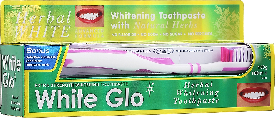 Zestaw do zębów - White Glo Herbal White (t/paste/100ml + t/brush/1pc + t/picks/8pcs) — Zdjęcie N1