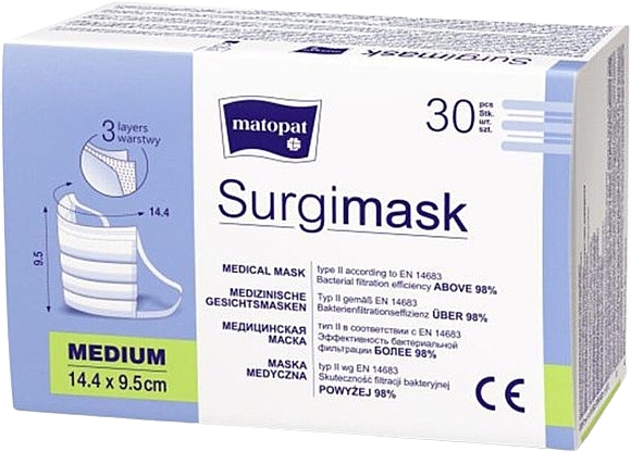 Niesterylna maska medyczna typu II Surgimask, 3-warstwowa M, 30 szt. - Matopat — Zdjęcie N1