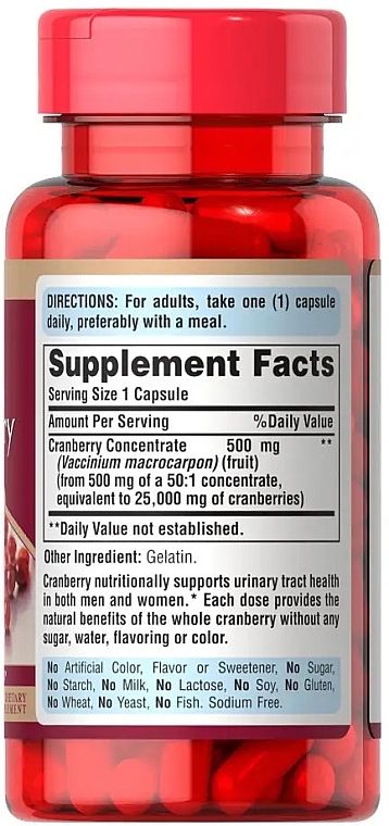 Suplement diety Żurawina, 500 mg - Puritan's Pride Cranberry Naturally Sourced One Per Day — Zdjęcie N2