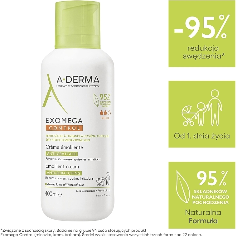 Łagodzący krem-emolient do ciała do skóry ze skłonnością do świądu z dozownikiem - A-Derma Exomega Control Emollient Anti-Scratching Cream — Zdjęcie N6