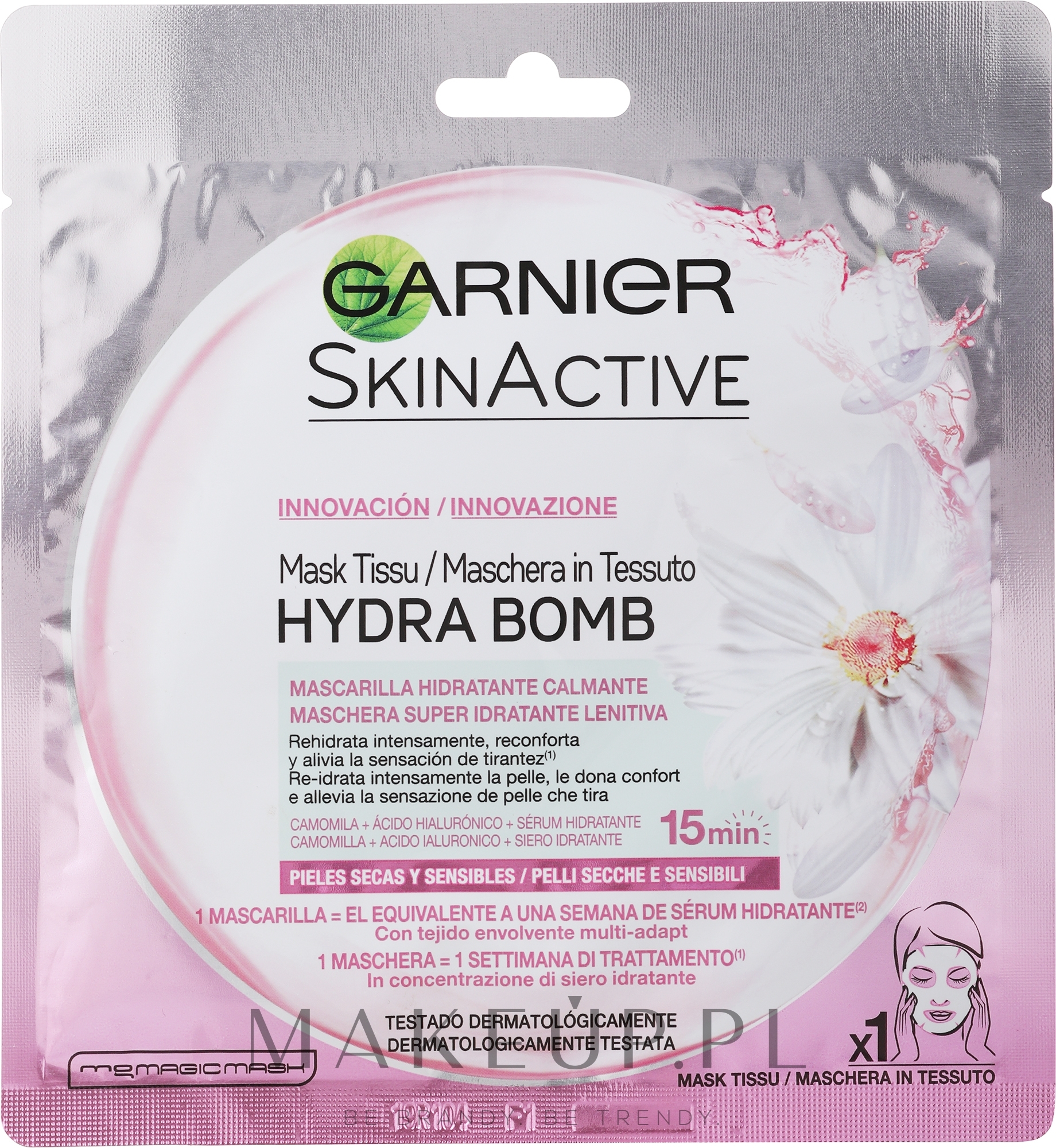 Nawilżająca maska kojąca na tkaninie do twarzy - Garnier Skin Naturals Hydra Bomb Tissue Mask Camomile — Zdjęcie 32 g
