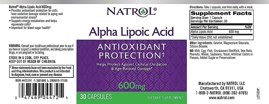 Kwas alfa liponowy w kapsułkach, 600 mg - Natrol Alpha Lipoic Acid — Zdjęcie N3