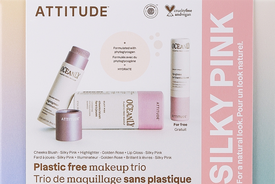 Zestaw - Attitude Oceanly Silky Pink Set (highl/8.5g + lip/stick/3.4g + blush/8.5g) — Zdjęcie N1