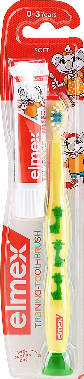 Zestaw dla dzieci 0-3 lata: pasta do zębów + miękka szczoteczka, żółta w żyrafki - Elmex Learn Toothbrush Soft + Toothpaste — Zdjęcie N1