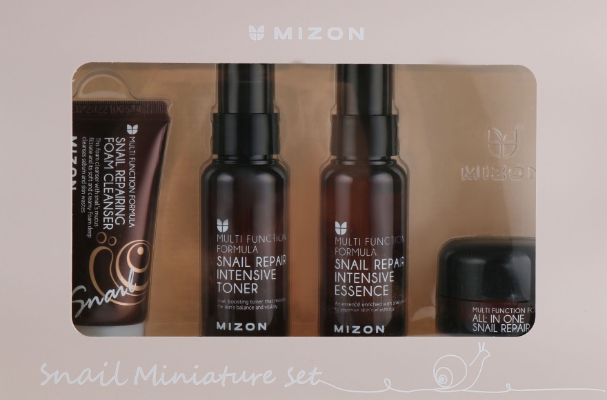 Zestaw miniaturek do pielęgnacji twarzy - Mizon Snail Miniature Set (f/foam 30 ml + f/toner 50 ml + f/essence 50 ml + f/cr 15 g) — Zdjęcie N1