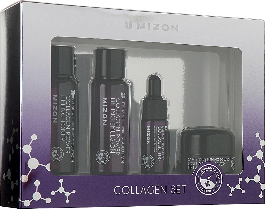 Zestaw - Mizon Collagen Miniature Set (f/toner 40 ml + f/emul 40 ml + f/serum 9,3 ml + f/cr 15 ml) — Zdjęcie N1