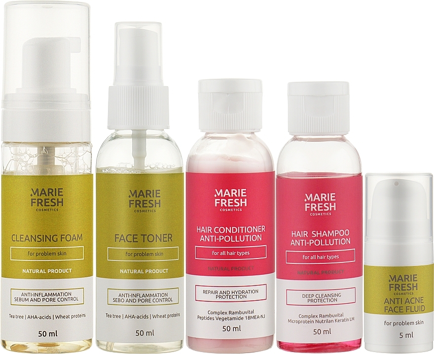 Zestaw dla skóry problematyczne - Marie Fresh Cosmetics Travel Set (f/foam/50ml + f/ton/50ml + h/shm/50ml + h/cond/50ml + f/fluid/5ml) — Zdjęcie N4