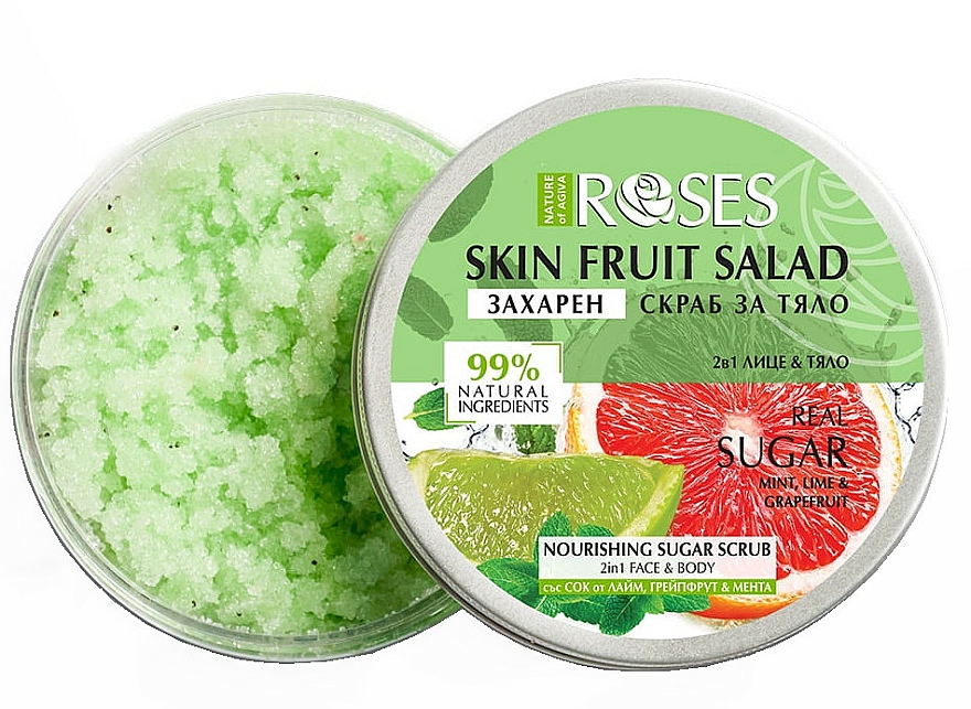 Peeling do twarzy i ciała Grejpfrut, limonka i mięta - Nature of Agiva Roses Body Fruit Salad Nourishing Sugar Scrub — Zdjęcie N1