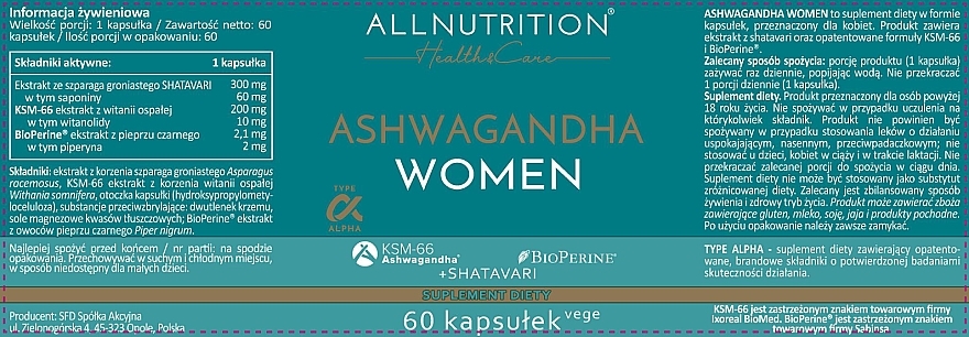 Suplement diety Ashwagandha w postaci kapsułek, dla kobiet - Allnutrition Health Care Ashwagandha Women — Zdjęcie N2