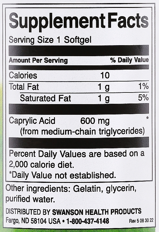 Suplement diety Kwas kaprylowy, 600 mg - Swanson Caprylic Acid — Zdjęcie N3