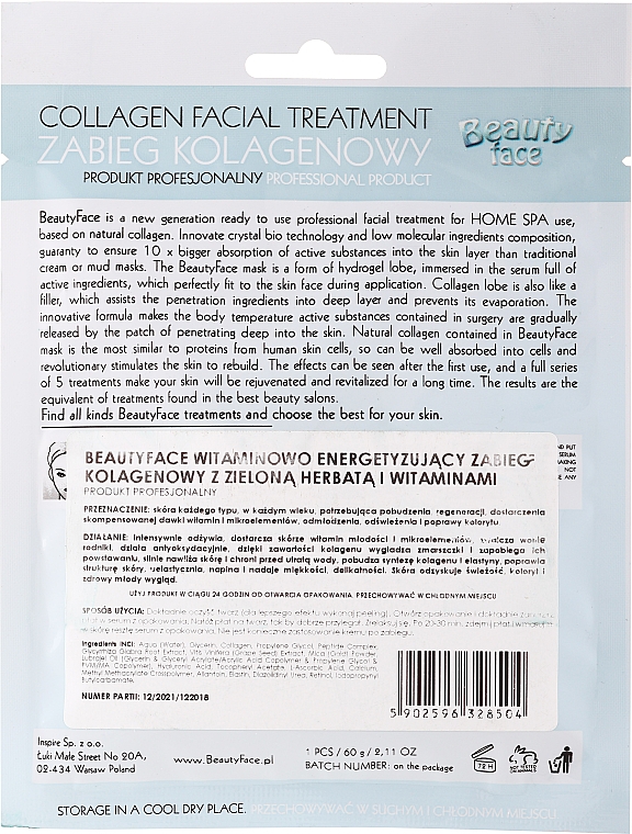 Maska kolagenowa z zieloną herbatą i witaminami - Beauty Face Collagen Hydrogel Mask — Zdjęcie N2
