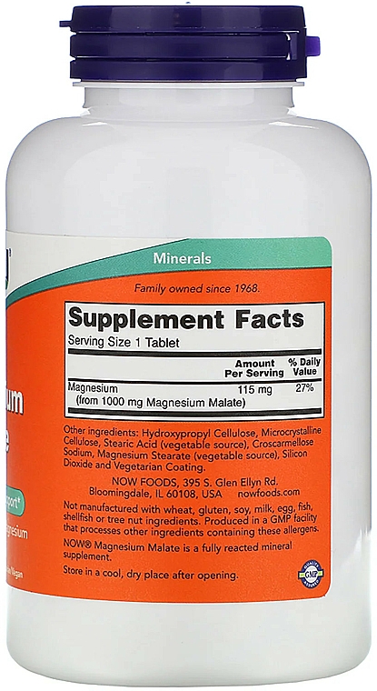 Minerały jabłczan magnezu, 1000 mg - Now Foods Magnesium Malate Tablets — Zdjęcie N2
