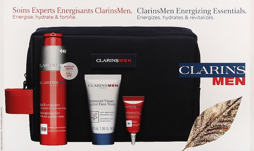 Zestaw - Clarins Men Energizing Essentials (f/gel/50ml + eye/gel/3ml + f/wash/30ml + ser/sample/0.9ml + bag) — Zdjęcie N2