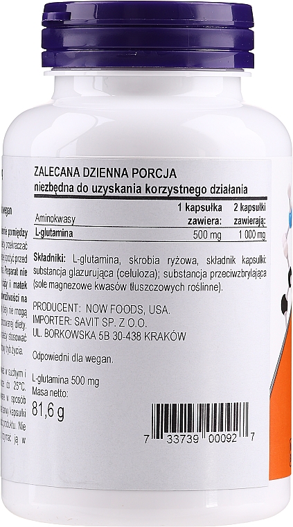 Suplement diety Aminokwas L-Glutamina, 500 mg - Now Foods L-Glutamine — Zdjęcie N2