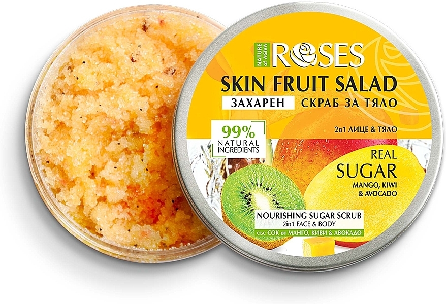 Peeling do twarzy i ciała Mango, awokado i kiwi - Nature of Agiva Roses Body Fruit Salad Nourishing Sugar Scrub — Zdjęcie N1