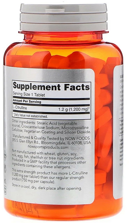 Suplement diety L-cytrulina, 1200 mg - Now Foods L-Citrulline Tabs — Zdjęcie N2