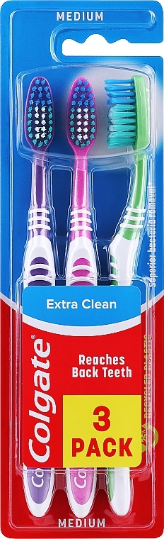 Szczoteczki do zębów, średnia twardość, zielona + fioletowa + różowa - Colgate Extra Clean Medium — Zdjęcie N1