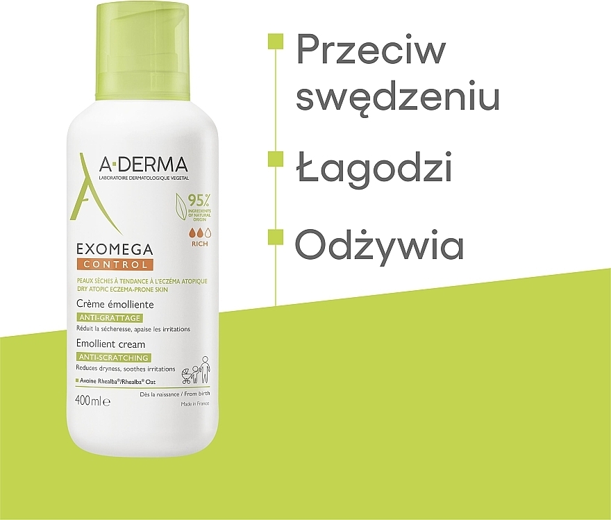 Łagodzący krem-emolient do ciała do skóry ze skłonnością do świądu z dozownikiem - A-Derma Exomega Control Emollient Anti-Scratching Cream — Zdjęcie N5