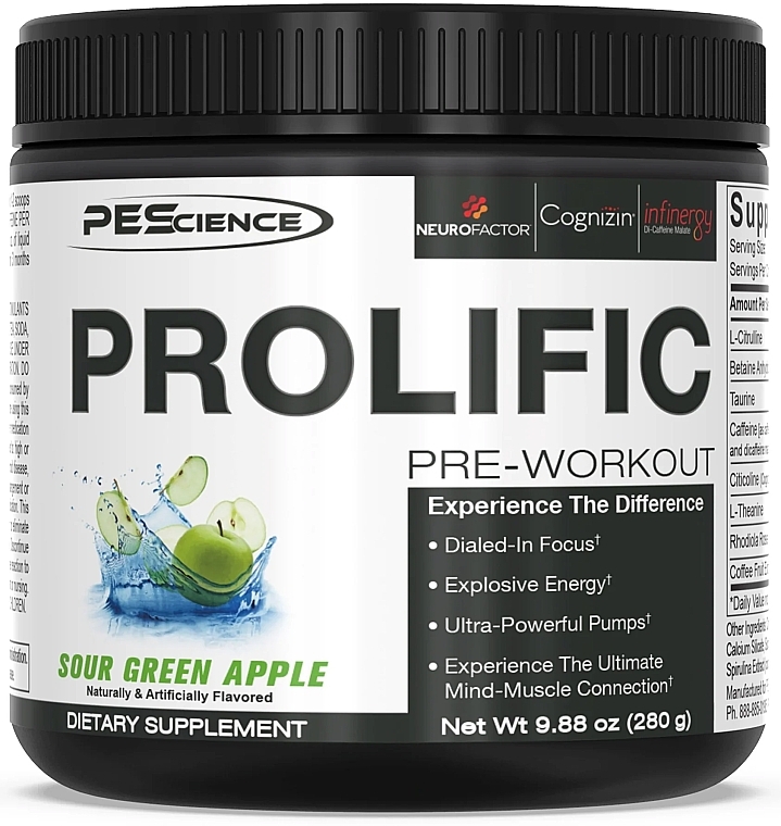 Kompleks przedtreningowy Zielone Jabłko - PEScience Prolific Pre-Workout Sour Green Apple — Zdjęcie N1