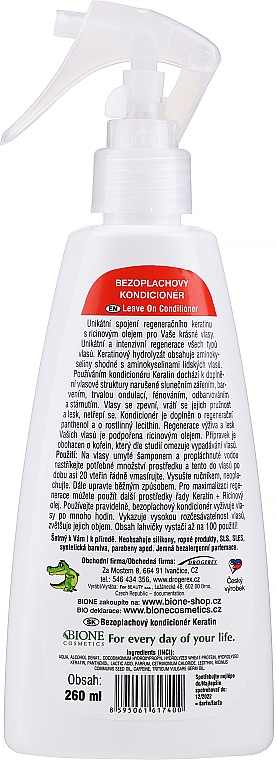 Regenerująca odżywka w sprayu do włosów Keratyna i olej rycynowy - Bione Cosmetics Keratin + Ricinovy Oil — Zdjęcie N2