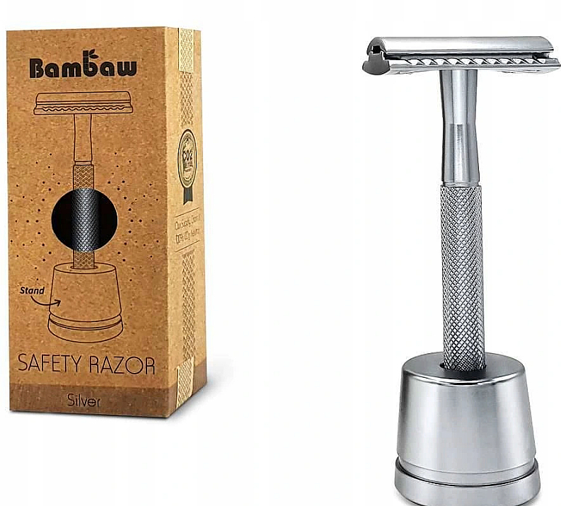 Maszynka do golenia ze stojakiem, srebrna - Bambaw — Zdjęcie N1