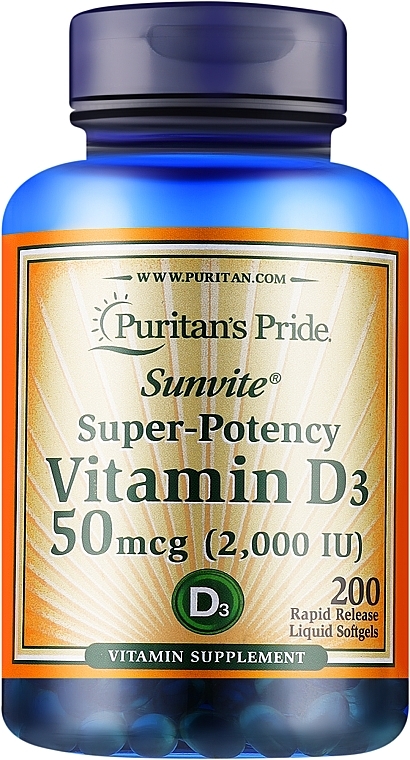 Suplement diety Witamina D3, 50 mcg - Puritan's Pride Premium Sunvite Super-Potency Vitamin D3 2000 IU — Zdjęcie N1