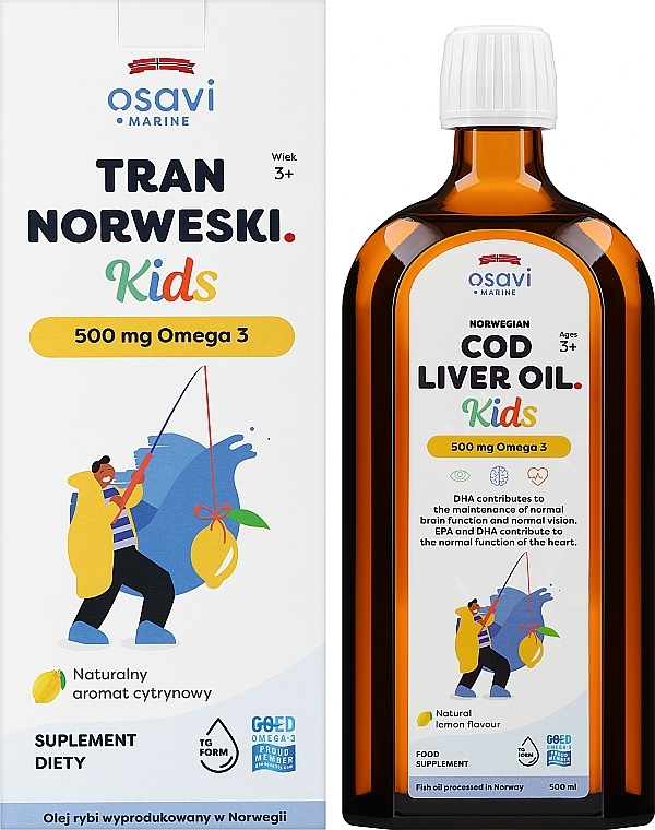 Suplement diety w postaci tranu z wątroby dorsza o smaku cytrynowym, dla dzieci - Osavi Cod Liver Oil Kids 500 Mg Omega 3 — Zdjęcie N2