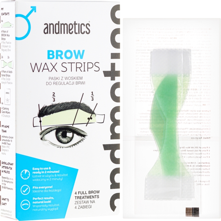 Paski z woskiem do regulacji brwi dla mężczyzn - Andmetics Brow Wax Strips Men (4 x 2 strips + 4 x 2 strips + 4 x wipes) — Zdjęcie N1