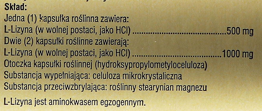 L-Lizyna w kapsułkach, 500 mg - Solgar L-Lysine — Zdjęcie N3