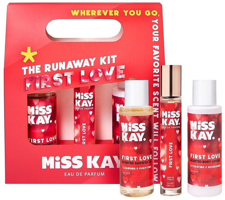 Zestaw - Miss Kay First Love Kit (edp/25 ml + sh/oil/100 ml + b/lot/100 ml) — Zdjęcie N1
