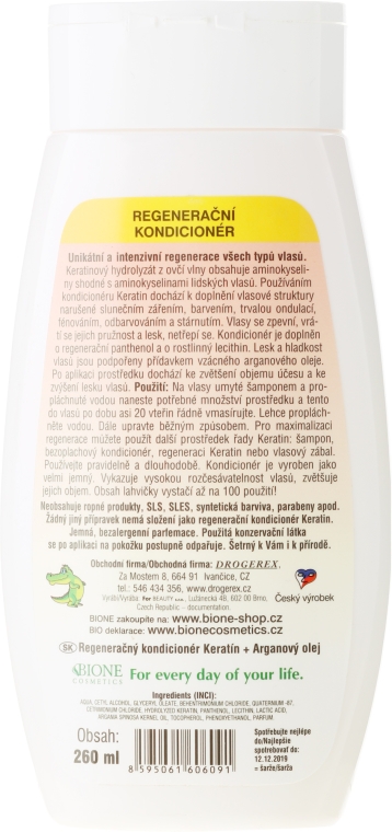 Keratynowa odżywka regenerująca do włosów - Bione Cosmetics Keratin + Argan Oil Regenerative Conditioner With Panthenol — Zdjęcie N2