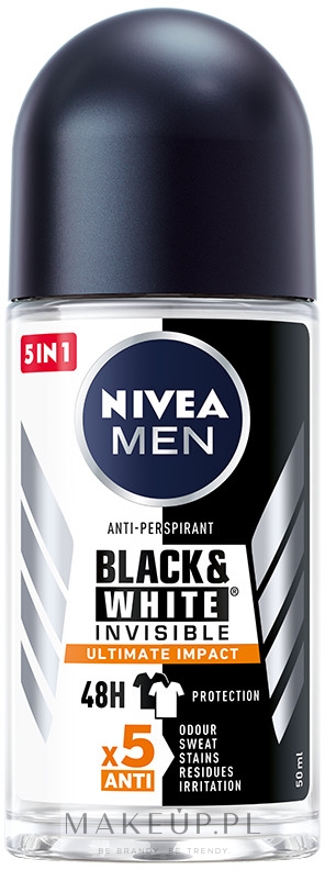 Antyperspirant w kulce 5 w 1 dla mężczyzn - Nivea Men Black & White Invisible Ultimate Impact 5in1 Roll-On — Zdjęcie 50 ml