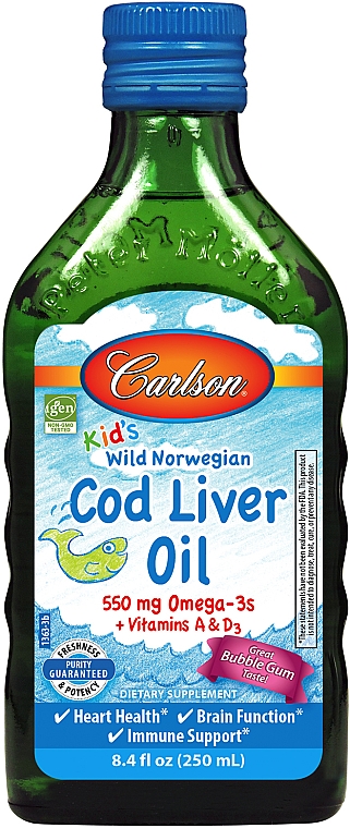 Olej z wątroby dorsza o smaku gumy balonowej dla dzieci - Carlson Labs Kid's Norwegian Cod Liver Oil Bubble Gum — Zdjęcie N1
